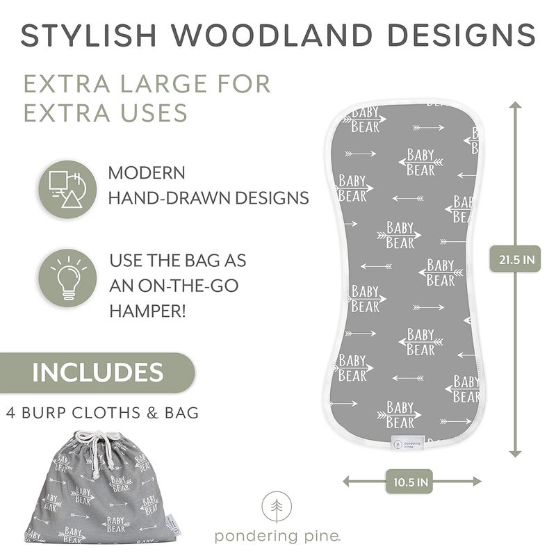 Pondering Pine Organic Burp Cloths for Baby Boys and Girls with Bag  XLarge Absorbent Burping Clothes Newborn Towel Milk Spit Up Rags Burpy Cloth Bib for Unisex Boy Girl Baby Bear Woodland 4 Pack - Image 3