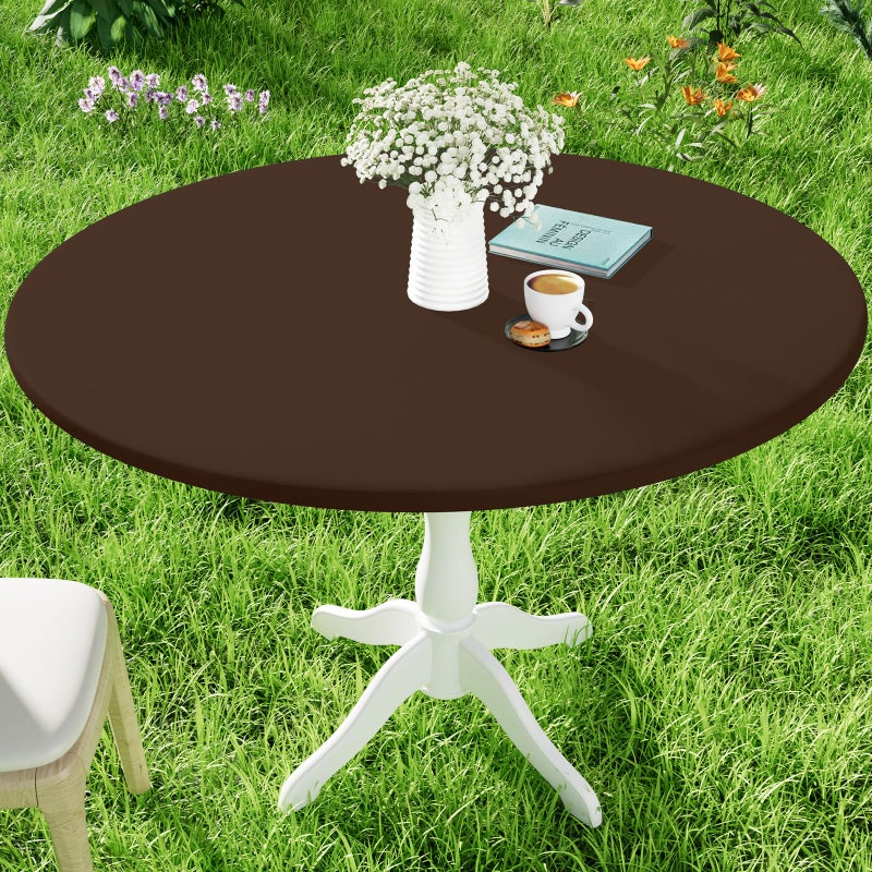 Moosfor Round Spandex Tablecloth  Elastic Fitted Waterproof Tablecloths For 36""-44"" Tables  Stretch Washable Picnic Table Cover For Camping  Dining  Indoor And Outdoor  Coffee - Image 1