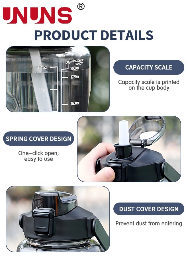 UNUNS زجاجات مياه سعة 2 لتر، زجاجة مياه تحفيزية مع قلم تحديد الوقت، إبريق ماء مانع للتسرب خالٍ من مادة BPA، إبريق كبير لشرب الماء للمنزل والمكتب والرياضة الخارجية وصالة الألعاب الرياضية واللياقة البدنية، أزرق - Image 3