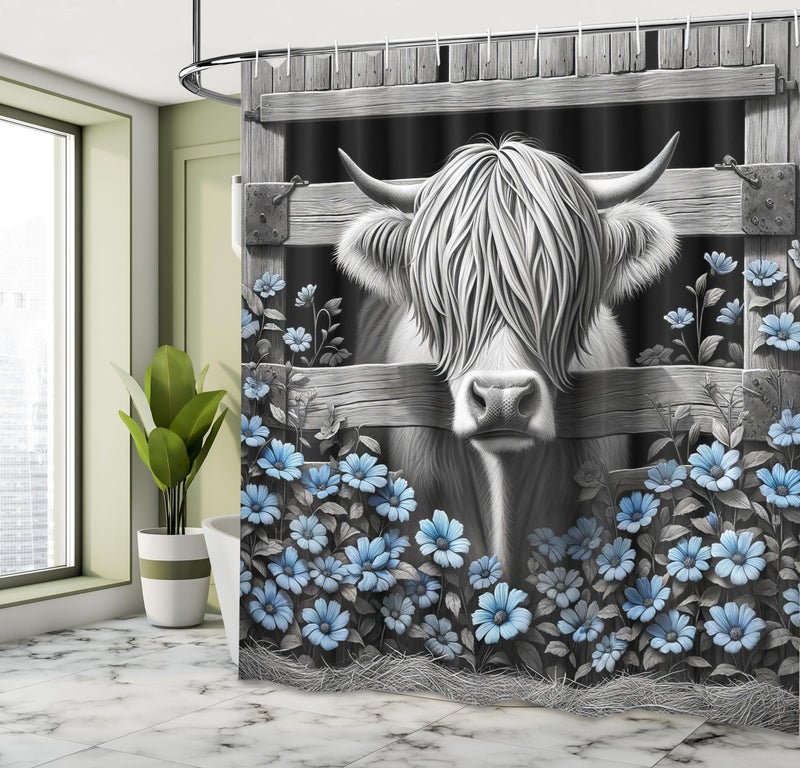أمبيسون Ambesonne Rustic Shower Startain Monochrome تصميم المزرعة بقرة مع حظيرة شعر مضحكة وسماء الزهور القماشية القماش ديكور الحمام مجموعة مع خطافات 69 "W × 75" L رمادي أسود وأزرق - Image 2