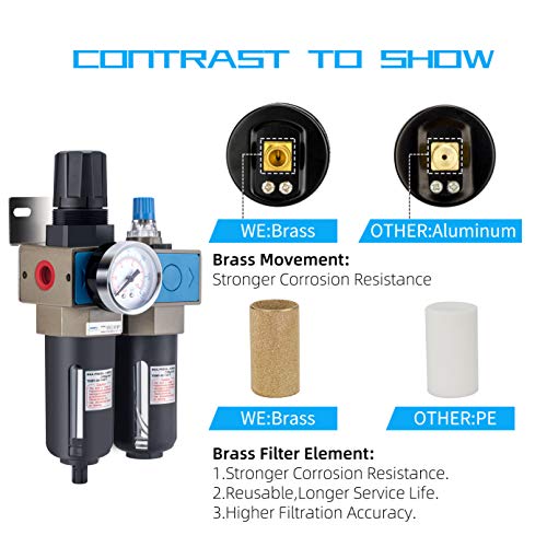 NANPU 1/2" NPT Compressed Air Filter Regulator Lubricator (FRL), 5 Micron Brass Element, 0-150 psi Gauge, Manual Drain, Metal Bracket - Image 3