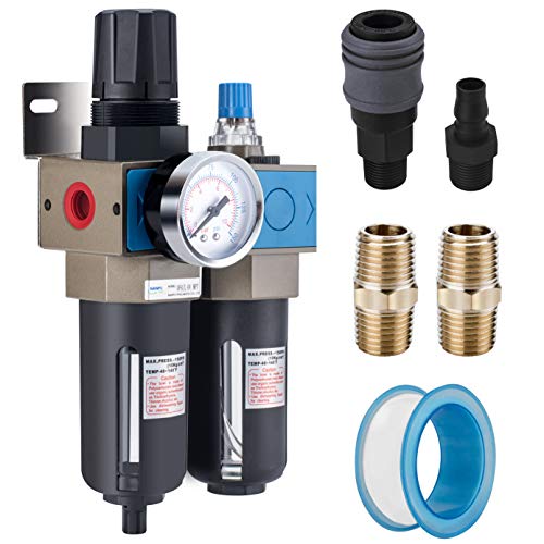 NANPU 1/2" NPT Compressed Air Filter Regulator Lubricator (FRL), 5 Micron Brass Element, 0-150 psi Gauge, Manual Drain, Metal Bracket - Image 1