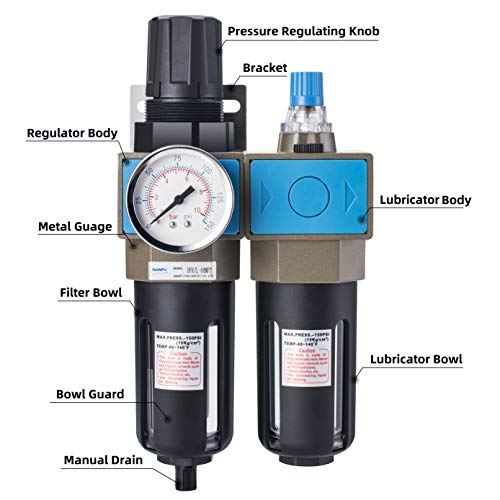 NANPU 1/2" NPT Compressed Air Filter Regulator Lubricator (FRL), 5 Micron Brass Element, 0-150 psi Gauge, Manual Drain, Metal Bracket - Image 5
