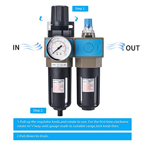 NANPU 1/2" NPT Compressed Air Filter Regulator Lubricator (FRL), 5 Micron Brass Element, 0-150 psi Gauge, Manual Drain, Metal Bracket - Image 4