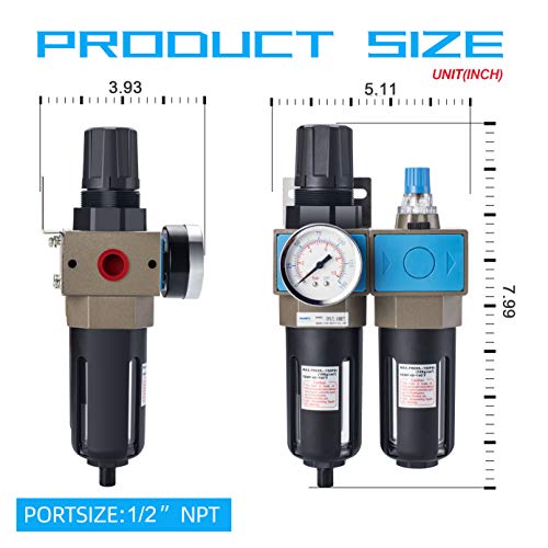 NANPU 1/2" NPT Compressed Air Filter Regulator Lubricator (FRL), 5 Micron Brass Element, 0-150 psi Gauge, Manual Drain, Metal Bracket - Image 2