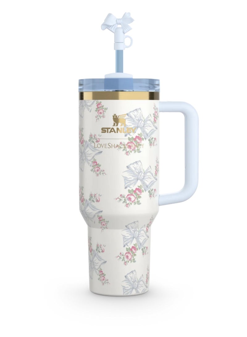 Stanley The Quencher H2.0 Tumbler With Handle And Straw 40 oz Flowstate 3-Position Lid Cup Holder Compatible For Travel Insulated Stainless Steel Cup BPA-Free Stanley X LoveShackFancy Cup Vacuum Insulated Tumbler With Lid and Straw For Water, Iced Tea Or Coffee, Smoothie And More Rosa Beaux Blue - Image 1