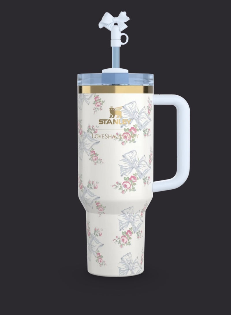 Stanley The Quencher H2.0 Tumbler With Handle And Straw 40 oz Flowstate 3-Position Lid Cup Holder Compatible For Travel Insulated Stainless Steel Cup BPA-Free Stanley X LoveShackFancy Cup Vacuum Insulated Tumbler With Lid and Straw For Water, Iced Tea Or Coffee, Smoothie And More Rosa Beaux Blue - Image 3