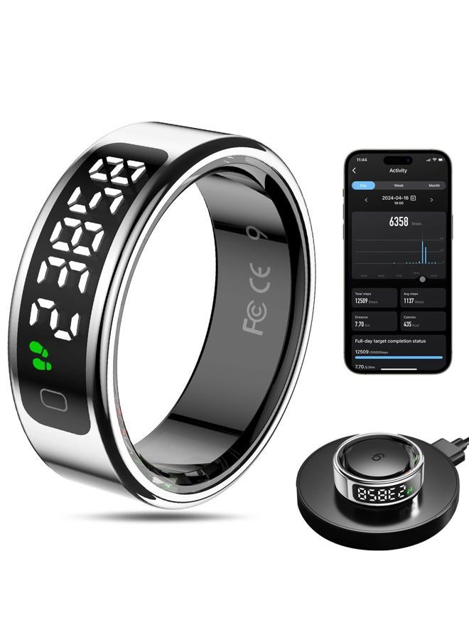 MagLoop Smart Ring Health Tracker for Men/Women with LED Dispay Screen,Fitness Ring Sleep Tracker,Fast Charging,for Pedometer Exercise,Monitor Sleep,Heart Rate, Stress,Waterproof (Silver, 10) - Image 1