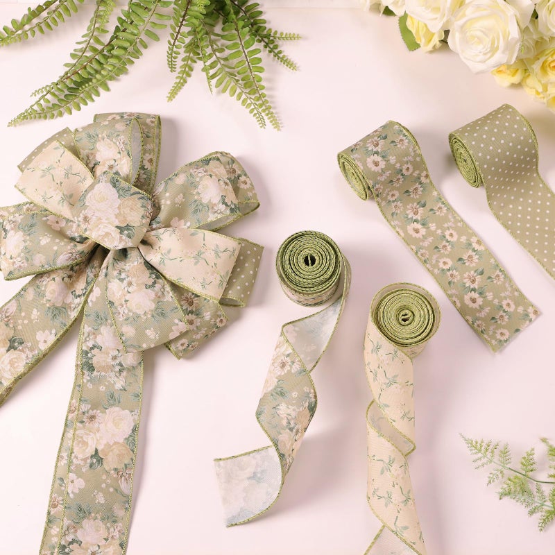 Sfoni 4 Rolls Spring Ribbon Wired, Vintage Green Wildflower Daisy Polka Dots Fabric Ribbon for Gifts Wrapping DIY Crafts Wreath Bow Making Supplies Easter Party Decor Wedding Baby Shower, 5 Yds x 2.5 in - Image 3
