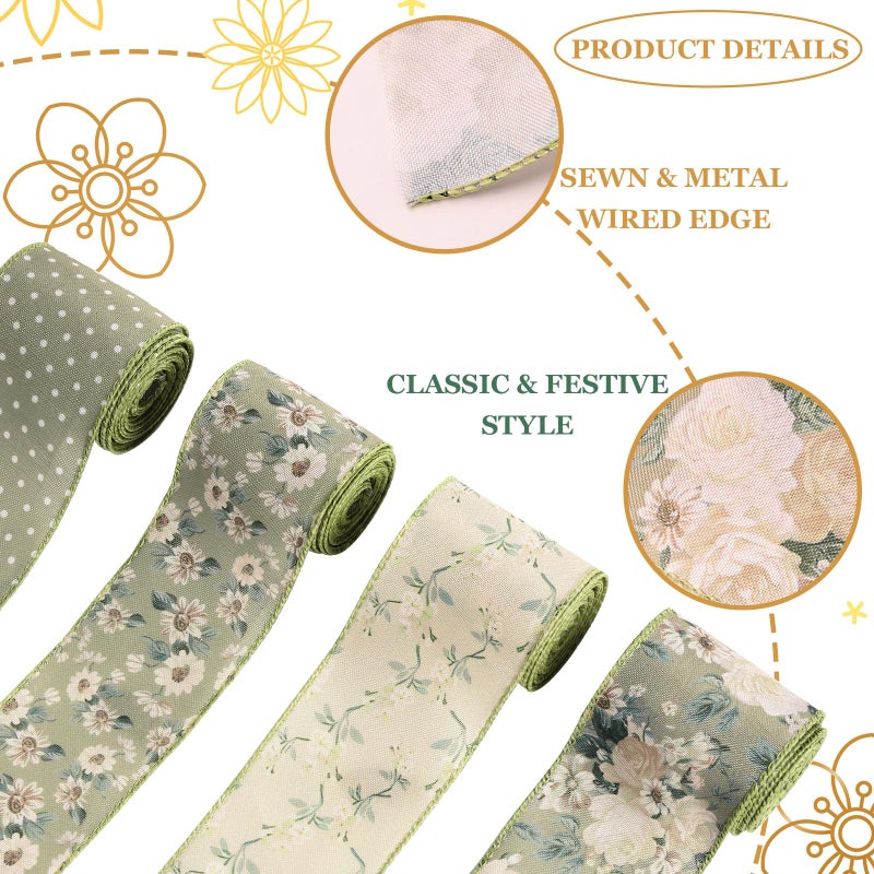 Sfoni 4 Rolls Spring Ribbon Wired, Vintage Green Wildflower Daisy Polka Dots Fabric Ribbon for Gifts Wrapping DIY Crafts Wreath Bow Making Supplies Easter Party Decor Wedding Baby Shower, 5 Yds x 2.5 in - Image 2
