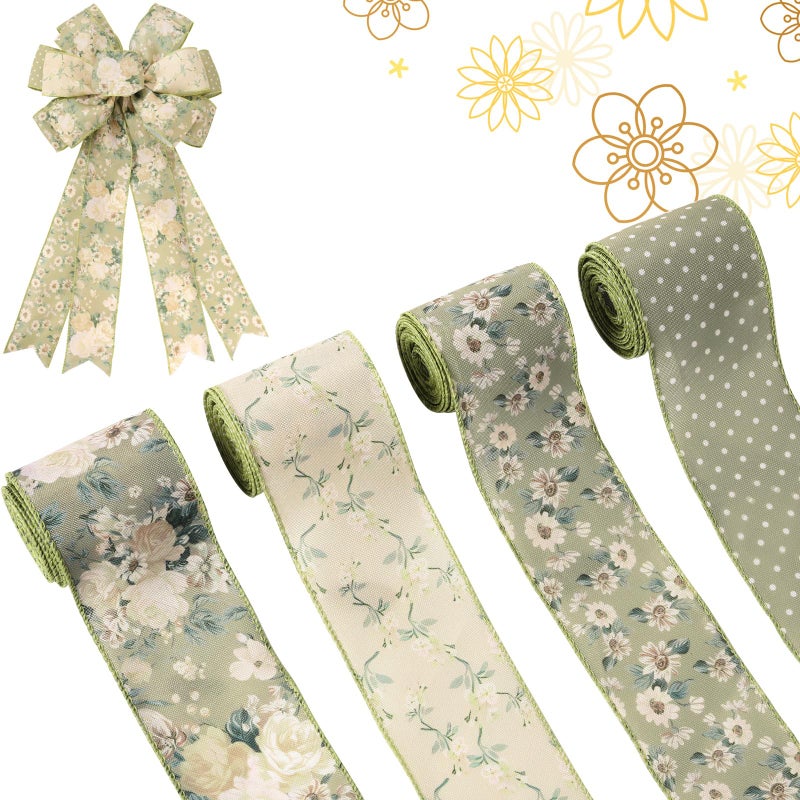 Sfoni 4 Rolls Spring Ribbon Wired, Vintage Green Wildflower Daisy Polka Dots Fabric Ribbon for Gifts Wrapping DIY Crafts Wreath Bow Making Supplies Easter Party Decor Wedding Baby Shower, 5 Yds x 2.5 in - Image 1