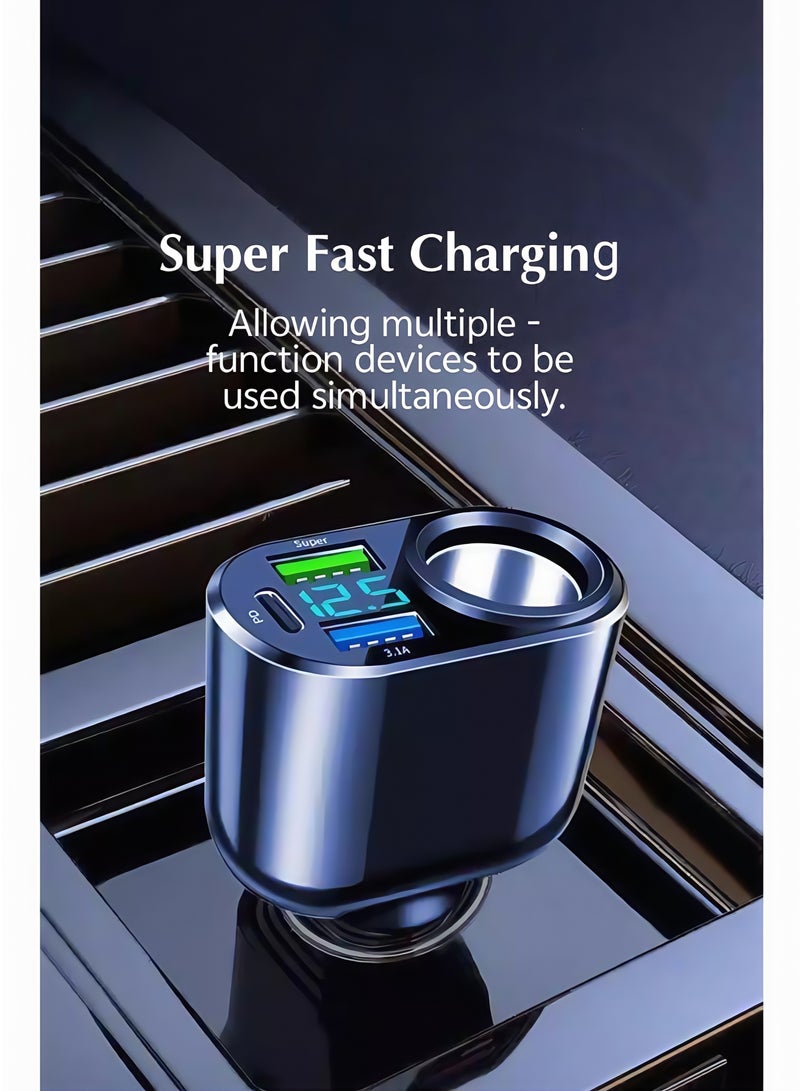 66W Super Fast Car Charger Fast Charging 3 Port USB Car Power Adapter With 66W USB C Cable Car Fast Charger Plug For Steam Deck Macbook Laptops Tablets iPhone 16 15 Series Samsung Galaxy Xiaomi Black - Image 1