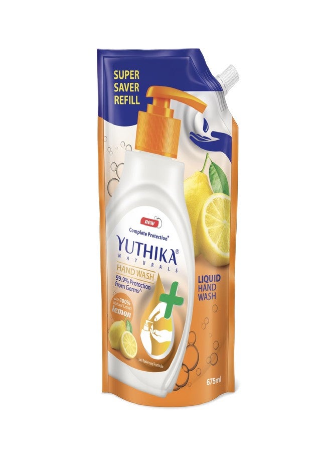 Yuthika Naturals Hand Wash Complete Protection 100% Natural Extract for Hand Hygiene Protect from Germs pH Balanced Formula Lemon 650ml (Pack of 1) - Image 1