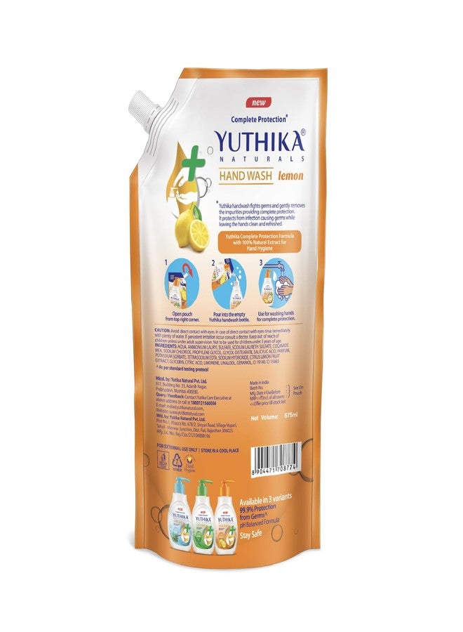 Yuthika Naturals Hand Wash Complete Protection 100% Natural Extract for Hand Hygiene Protect from Germs pH Balanced Formula Lemon 650ml (Pack of 1) - Image 2