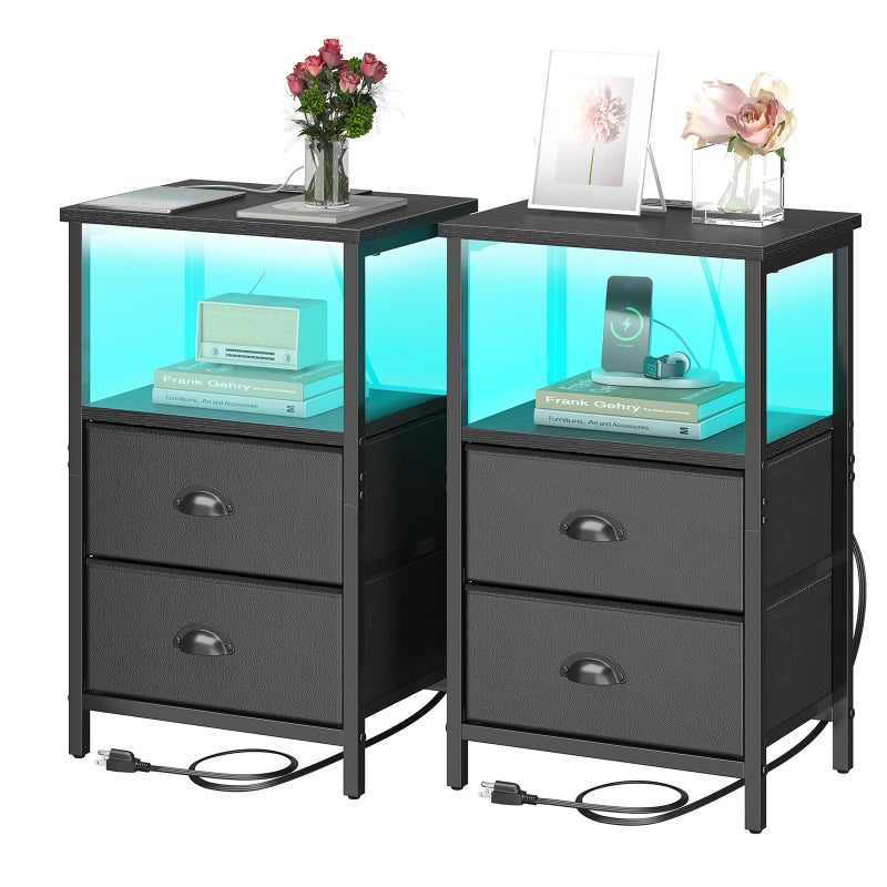 sthmec Nightstand with Charging Station, LED Night Stand Set 2, Bedside Table End Table Set of 2, Bedroom Table with 2 Fabric Drawers PU Finish, 3-Tier Storage Side Table for Bedroom,Black - Image 1