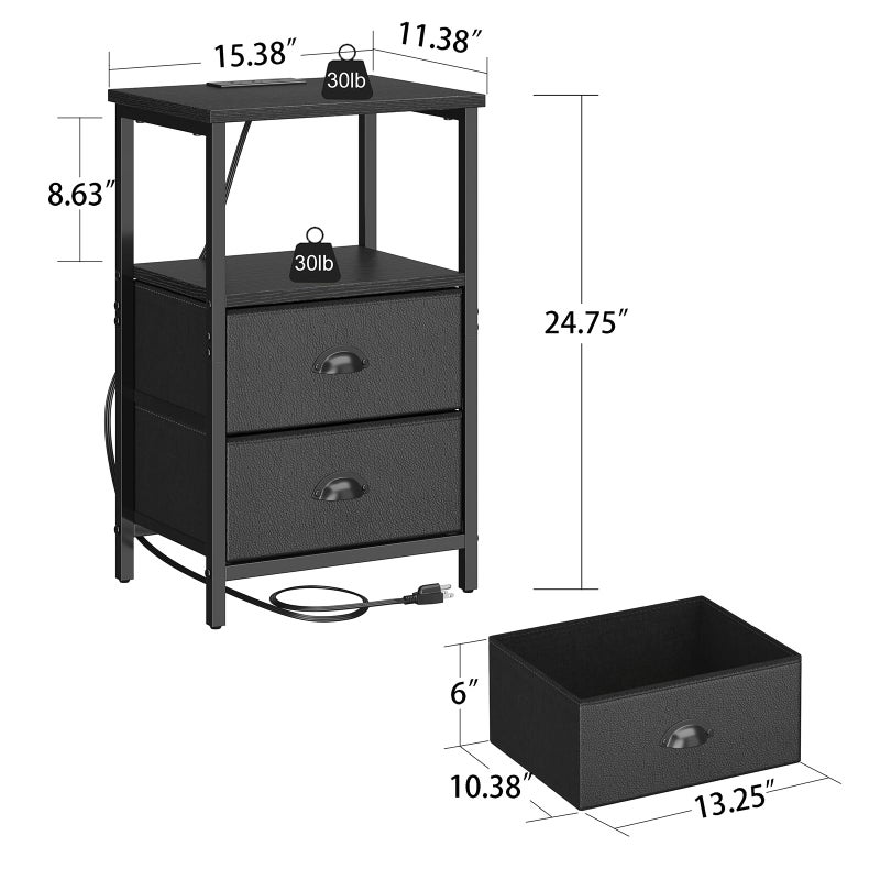 sthmec Nightstand with Charging Station, LED Night Stand Set 2, Bedside Table End Table Set of 2, Bedroom Table with 2 Fabric Drawers PU Finish, 3-Tier Storage Side Table for Bedroom,Black - Image 3
