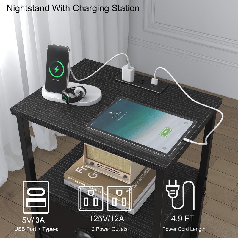 sthmec Nightstand with Charging Station, LED Night Stand Set 2, Bedside Table End Table Set of 2, Bedroom Table with 2 Fabric Drawers PU Finish, 3-Tier Storage Side Table for Bedroom,Black - Image 4