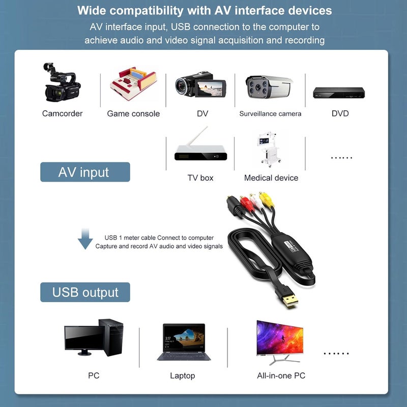محول فيديو من VHS إلى رقمي، بطاقة التقاط فيديو USB 2.0، لنقل الصوت والفيديو من AV إلى USB، مناسبة لأجهزة الكمبيوتر وكاميرات DV وأقراص DVD وVCR - Image 5
