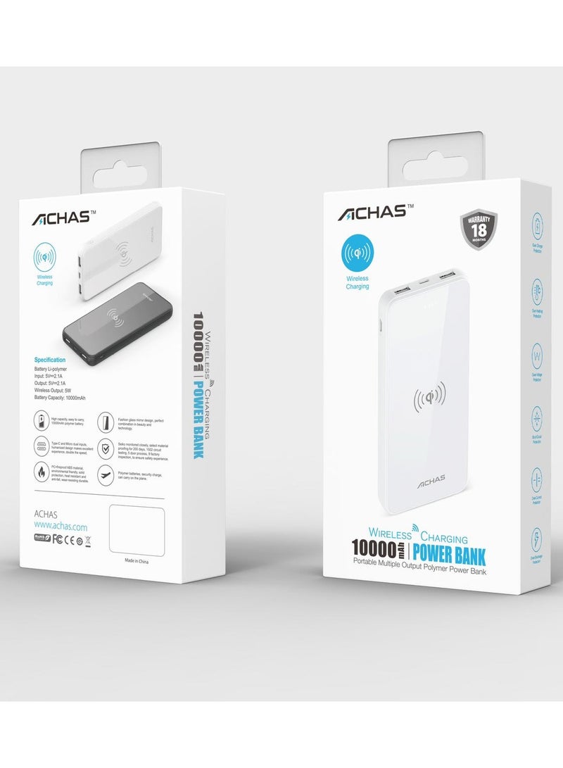 ACHAS 10000 mAh Wireless Charging Power Bank Portable Multiple Output Polymer Power Bank Black - Image 4