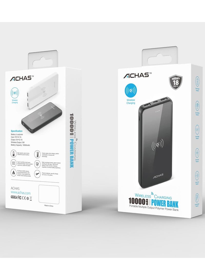 ACHAS 10000 mAh Wireless Charging Power Bank Portable Multiple Output Polymer Power Bank Black - Image 3