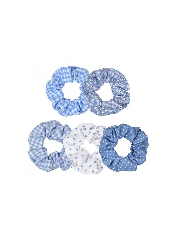 طقم 5 قطع من رباطات الشعر باللون الأزرق – منقطة، مربعات، ورود، إكسسوارات شعر مرنة وناعمة للبنات والنساء - Image 1