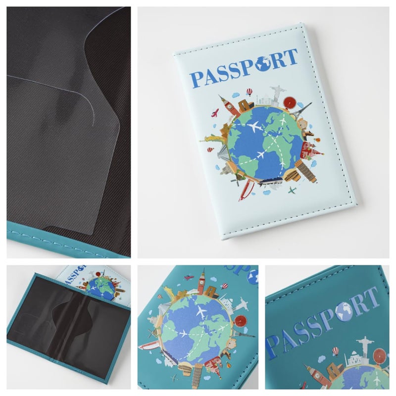 GuLiNiao RFID Blocking Passport Holder for Travel - Anti-Theft PU Leather Travel Document Organizer with Map Design, Magnetic Closure, Card Slots (Modern, Blue-V)