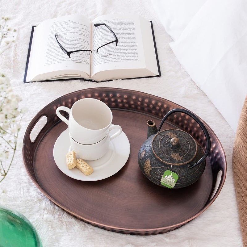 Monarch Abode Serving Tray with Handles â€“ 17-Inch Hand Hammered Metal Platter for Living Room, Antique Copper Finish Large Ottoman Tray Accent for Coffee Table, Tea & Food Serving Dish for Party - Image 3