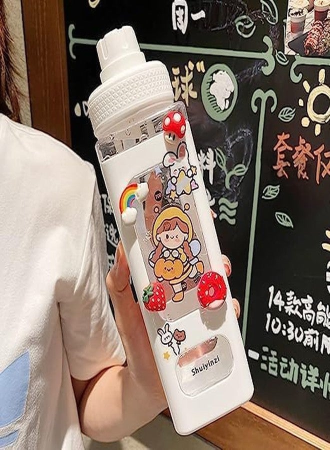 DHARMINSON Kawaii Water Bottle with Straw Cute Large Water Bottles 700ml Leakproof BPA Includes Straw,2D & 3D Stickers - Cute Pink Color School Water Bottle for Girls (WHITE) - Image 3