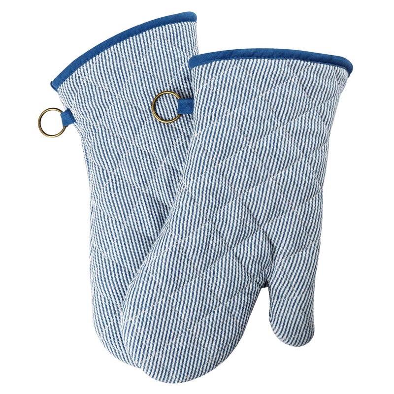 1 Pair Yarn Dyed Oven Mitts 100 Cotton Heat Resistant 470 Degree Gloves Men Women Cooking Baking Barbecue BBQ Microwave Crafting Machine Washable Pot Holders Mittens blue2
