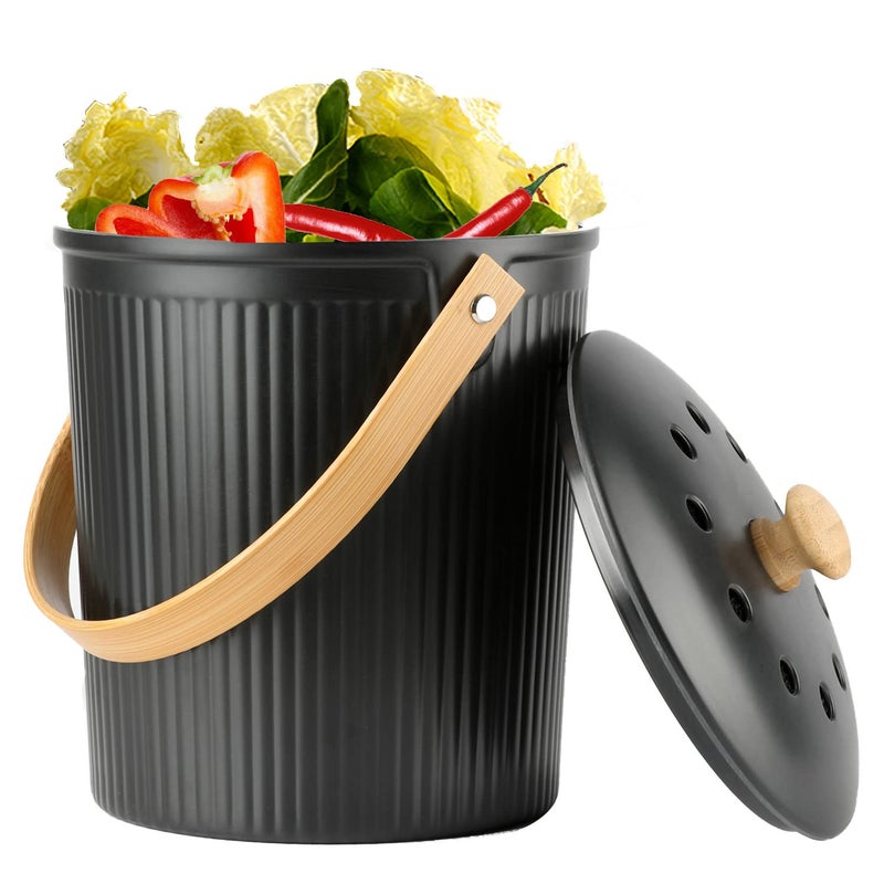 Countertop Compost Bin LALASTAR Compost Bin Kitchen with Lid Made of Sustainable Bamboo Fiber Indoor Food Composter for Kitchen Odorless 1 Gallon Black