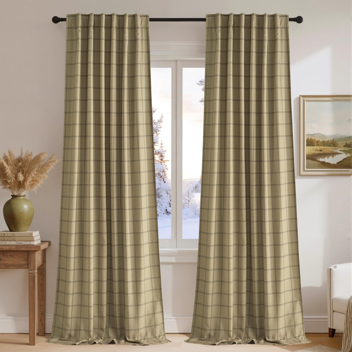 NICETOWN Linen Plaid 100% Blackout Curtains 84 Inches Long, Buffalo Check Drapes for Bedroom Living Room, Farmhouse Gingham Window Treatment,Rod Pocket Back Tab, 52 inch Wide, 1 Pair, Light Greige