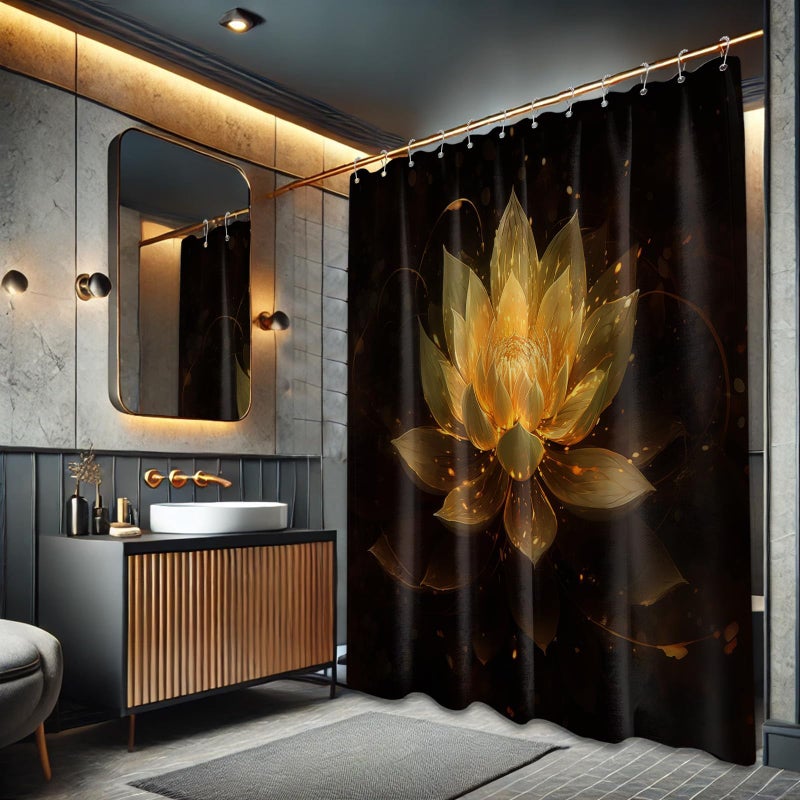 QGHOT Black and Gold Shower Curtain Yellow Golden Lotus Flower Shower Curtains for Bathroom Decor Sets, Waterproof Cloth Fabric with Hooks, 70x72in - Image 2