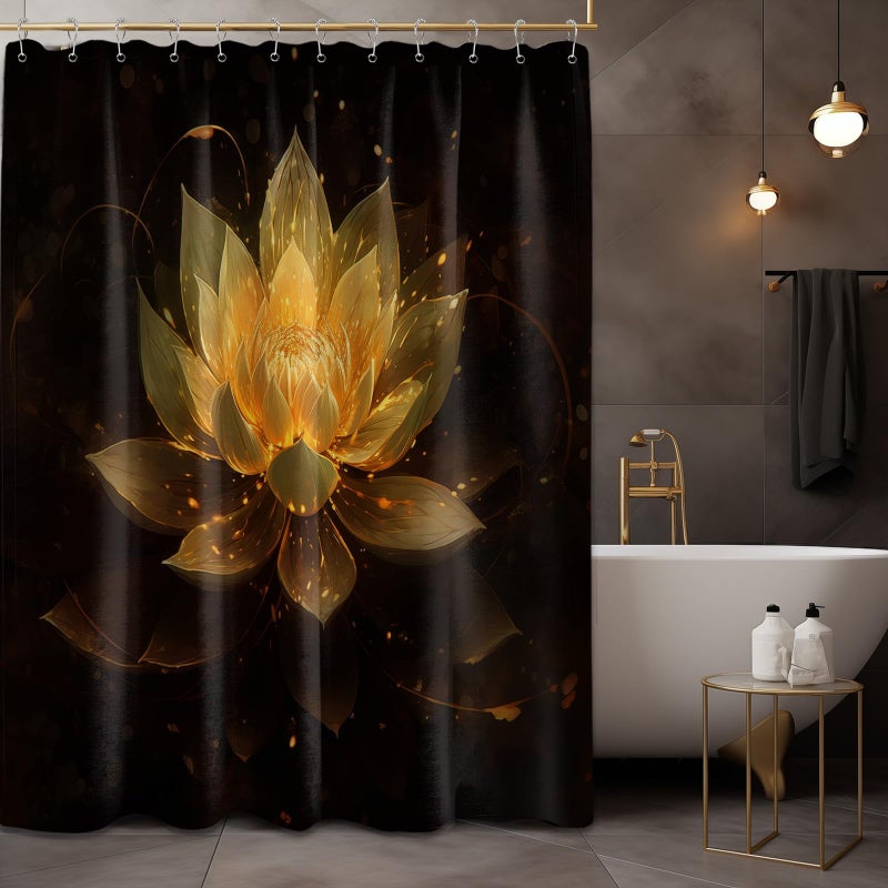 QGHOT Black and Gold Shower Curtain Yellow Golden Lotus Flower Shower Curtains for Bathroom Decor Sets, Waterproof Cloth Fabric with Hooks, 70x72in - Image 3