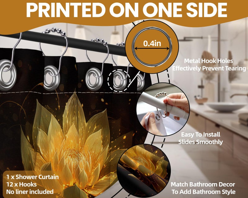 QGHOT Black and Gold Shower Curtain Yellow Golden Lotus Flower Shower Curtains for Bathroom Decor Sets, Waterproof Cloth Fabric with Hooks, 70x72in - Image 4
