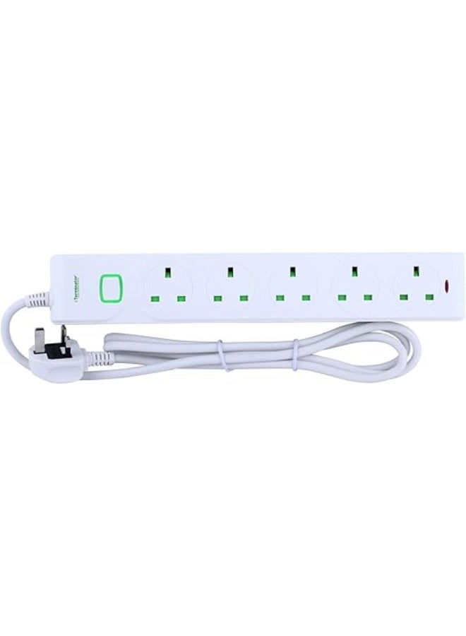 ترمينيتور Terminator 5-way UK power extension socket with master switch, single indicator, 1.25mm² 2M cable, and 13A fused moulded plug - Image 1