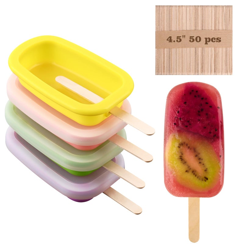 Sakolla 4 Pcs Silicone Popsicle Molds with Lid & 50 Pcs Wooden Popsicle Sticks, Stackable Classic Oval Ice Cream Molds for Homemade Ice Pop, Cakesicles, Freezer Yogurt and Fruit Juice (Multicolor) - Image 1