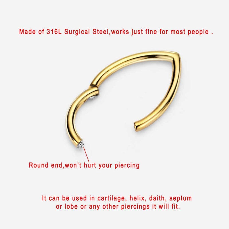 FANSING 316L Surgical Steel Teardrop Septum Hoop Yellow Gold Plated Hinged Triangle Septum Ring for Women 16 Gauge Septum Jewelry 8mm Septum Nose Rings Triangular Clicker - Image 2