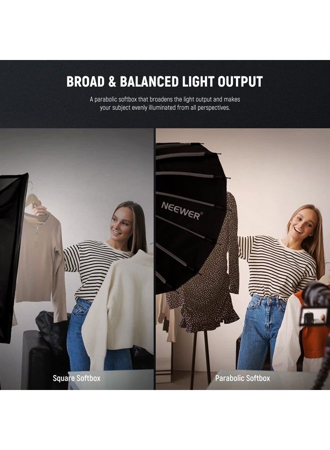 NEEWER 26inch/65cm Parabolic Softbox Quick Set up Quick Folding, with Diffusers/Honeycomb Grid/Bag, Compatible with Aputure 120d Light Dome Godox sl60w NEEWER RGB CB60 and Other Bowens Mount Lights - Image 2