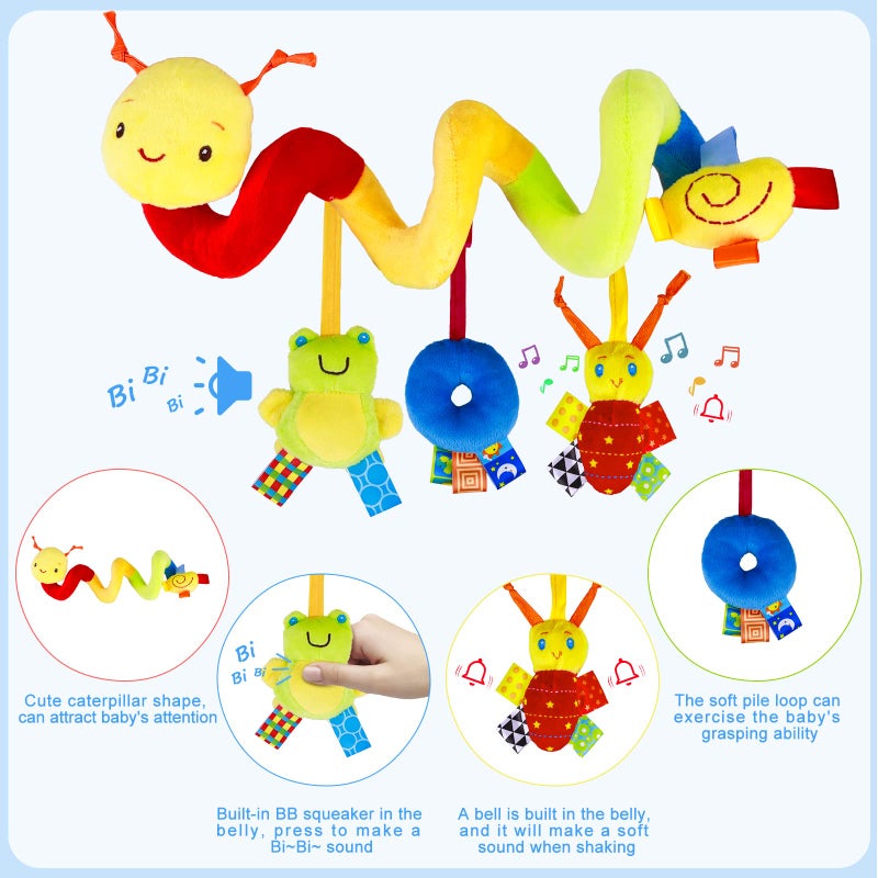 FPVERA Spiral Car Seat & Stroller Activity Toy - Baby Sensory Toys Soft Hanging Toys for Babies 0-12 Months Boys Girls Carseat Crib Stroller, with Ringing Bell, Music - Image 3