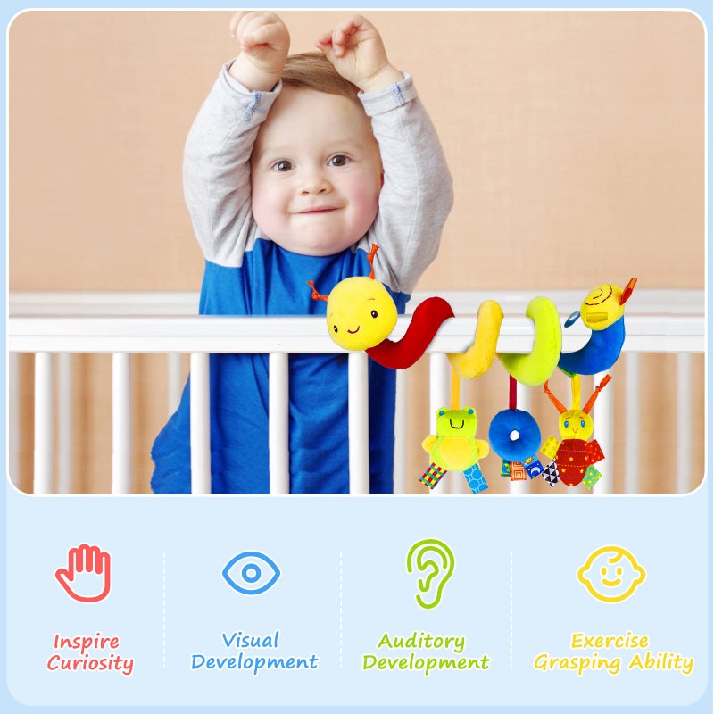 FPVERA Spiral Car Seat & Stroller Activity Toy - Baby Sensory Toys Soft Hanging Toys for Babies 0-12 Months Boys Girls Carseat Crib Stroller, with Ringing Bell, Music - Image 4