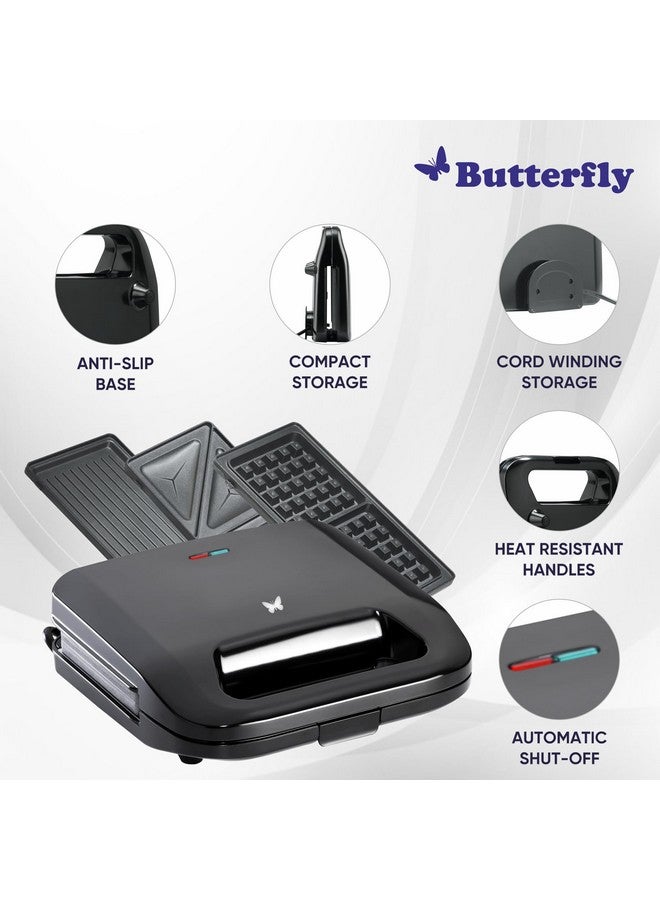 BUTTERFLY صانعة السندويشات باترفلاي ماغنوم 3 في 1، 750 واط | ألواح قابلة للفك مصنوعة من الحديد الزهر كبيرة الحجم | شواية | محمصة | صانعة الوافل | حجم مدمج | إيقاف تشغيل تلقائي | أسود | ضمان لمدة سنة واحدة - Image 5