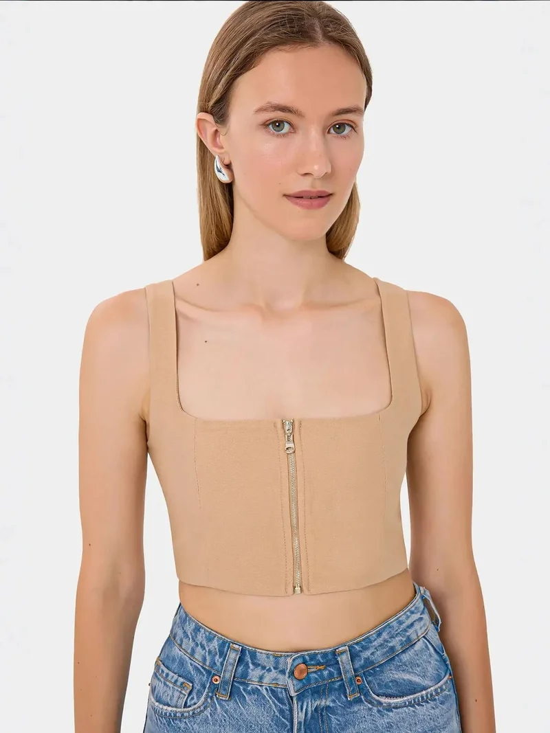 HICCUP Square Neck Sleeveless Cropped Top with Zip Detail