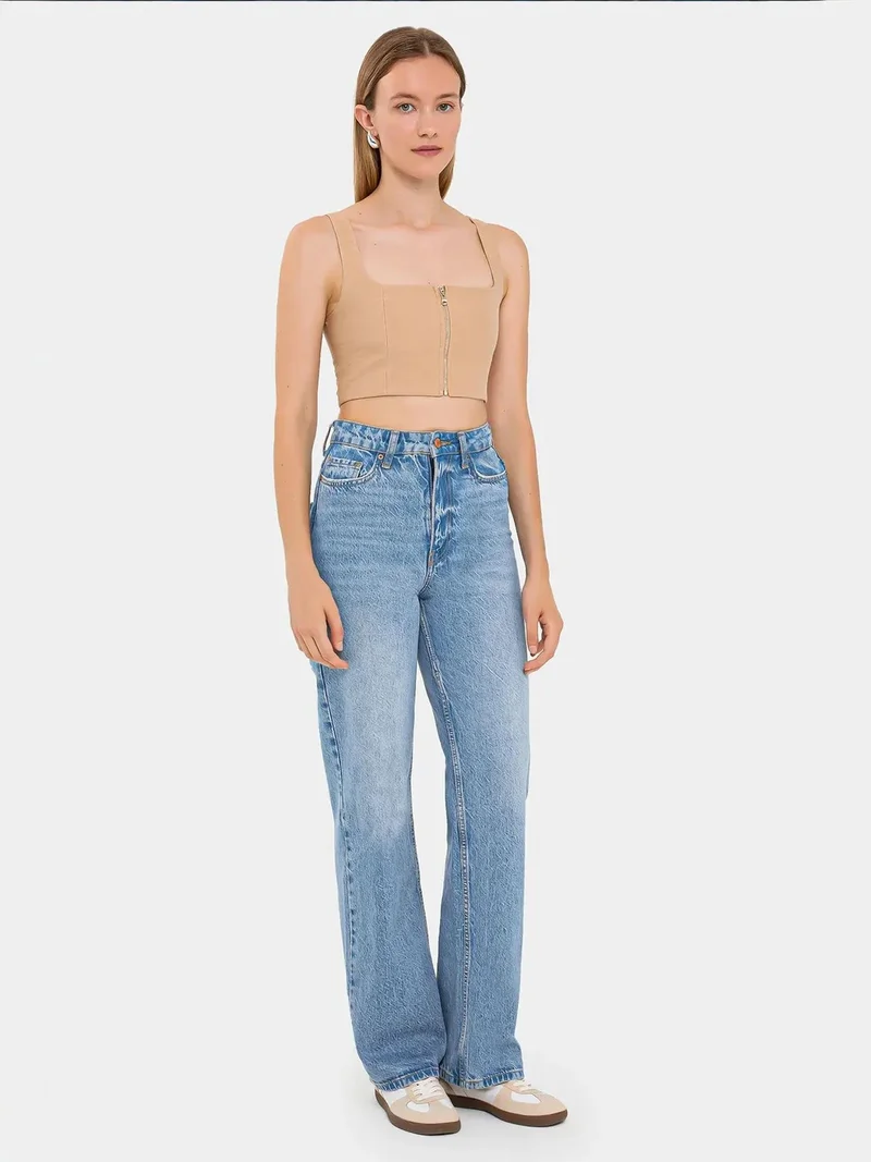 HICCUP Square Neck Sleeveless Cropped Top with Zip Detail