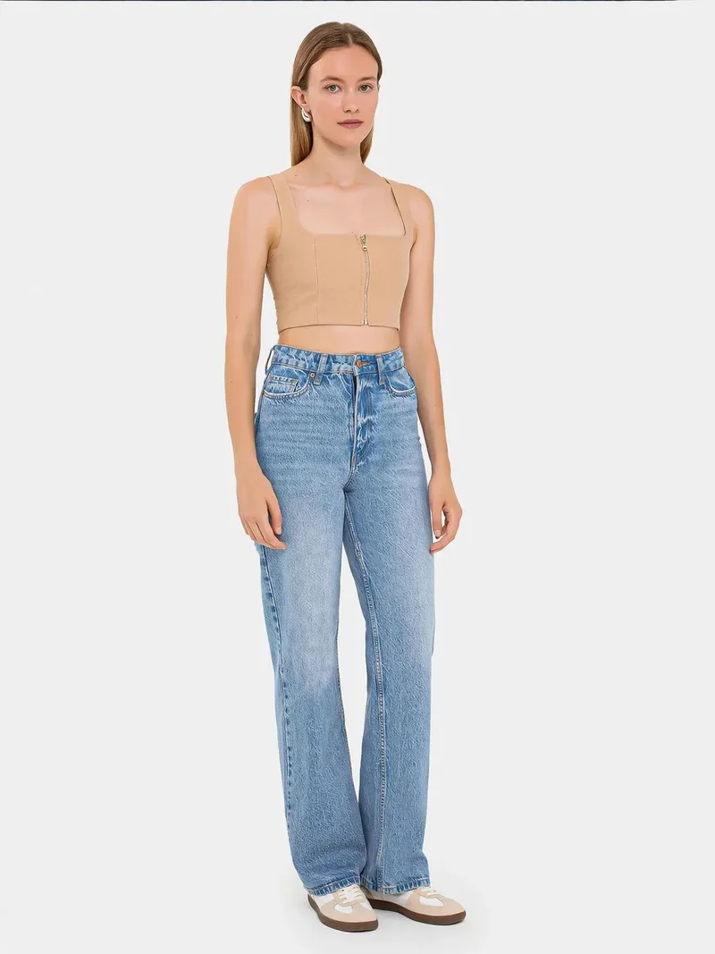 HICCUP Square Neck Sleeveless Cropped Top with Zip Detail