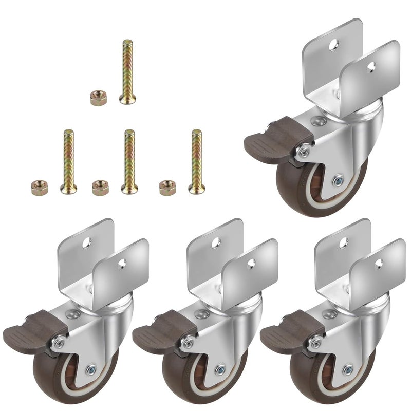 CPROSP 4 Movable Wheels with Brake Swivel Rubber U Wheels Diameter 50 mm Wheels for Trolley Plate Opening 75 mm with Brake Bearings 75 kg for Shelves Small Flower Swivel Wheels - Image 1