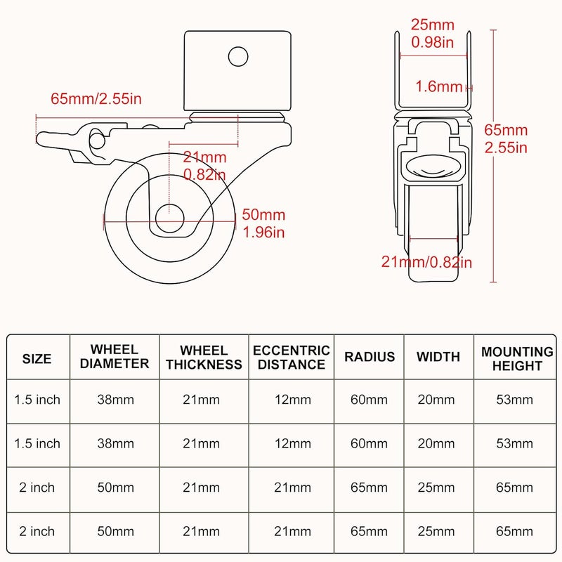 CPROSP 4 Movable Wheels with Brake Swivel Rubber U Wheels Diameter 50 mm Wheels for Trolley Plate Opening 75 mm with Brake Bearings 75 kg for Shelves Small Flower Swivel Wheels - Image 2