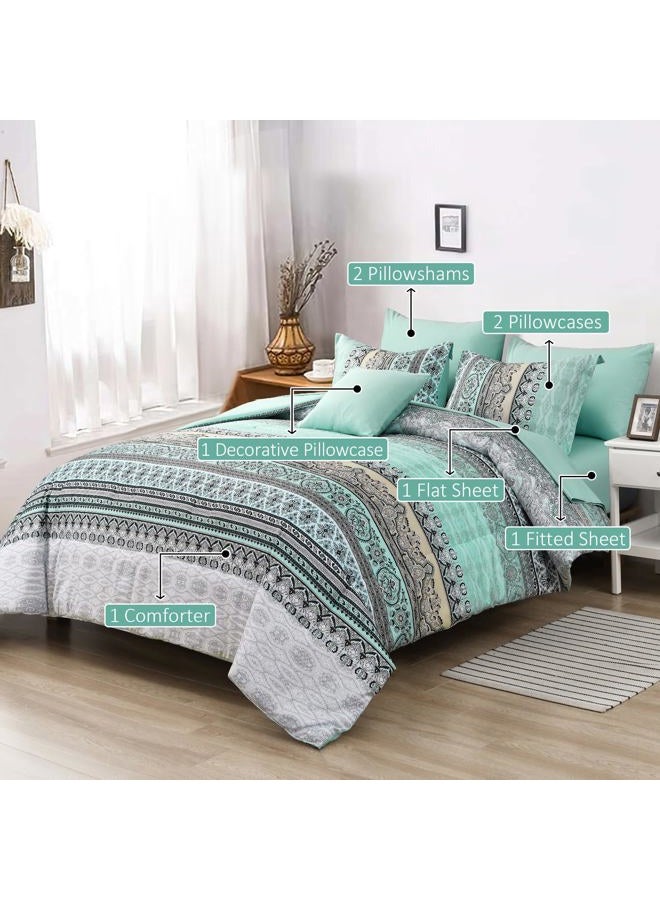 Cottolester Boho Comforter Set Full Size,8 Piece Bed in a Bag Sage Green Paisley Comforter and Sheet Set,Striped Bedding Set Soft Microfiber Complete Bedding Set - Image 2