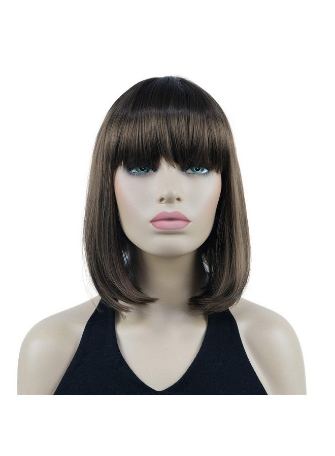 Lydell 10" Short Straight Bob Hair Wigs With Bangs No Part Full Synthetic Hair Cute Wigs (10 Medium Golden Brown) - Image 1