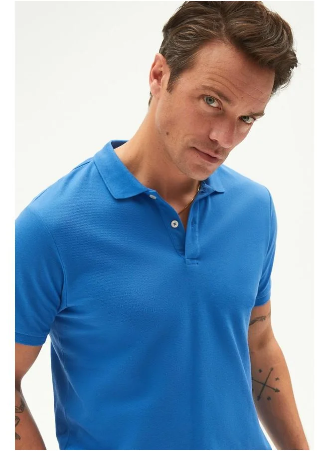 JUNE June Men Regular Fit 100% Cotton Basic Polo Neck Tshirt Blue