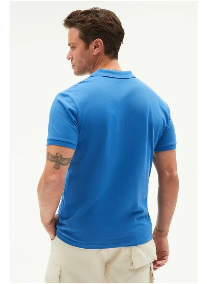 JUNE June Men Regular Fit 100% Cotton Basic Polo Neck Tshirt Blue